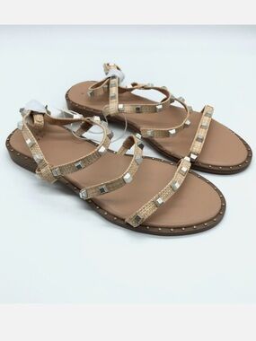 a new day - Astrid Rockstud Studded Sandals in Woven Neutral